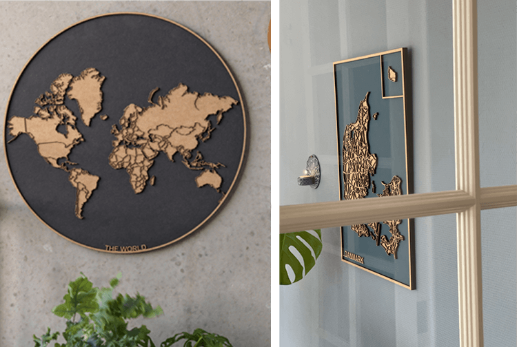 Verdenskort og danmarkskort i tr dekorativ 