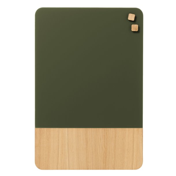 40 x 60 cm. Dark green glass/oak veneer magnetic board