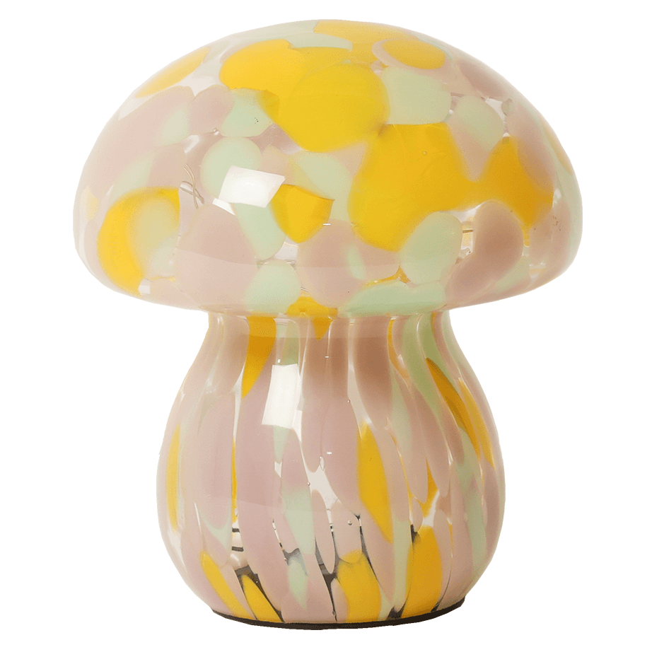 Mushroom lampe i glas, pink/grøn/gul