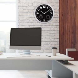 Radio Controlled Wall Clock with Thermometer and Hygrometer, Silver, MAULdrive �30 cm