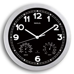 Radio Controlled Wall Clock with Thermometer and Hygrometer, Silver, MAULdrive �30 cm