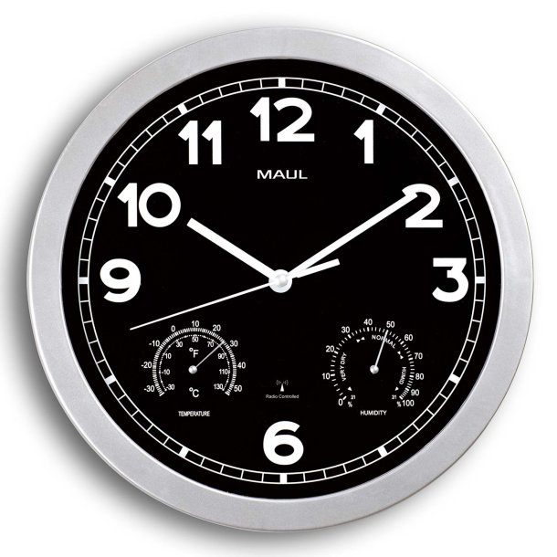 Radio Controlled Wall Clock with Thermometer and Hygrometer, Silver, MAULdrive �30 cm