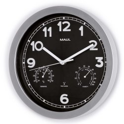 Radio Controlled Wall Clock with Thermometer and Hygrometer, Silver, MAULdrive �30 cm