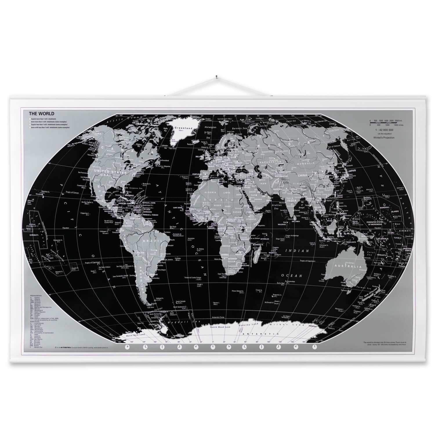 Billede af 95 x 62 cm. Verdens kort. Sort/Sølv