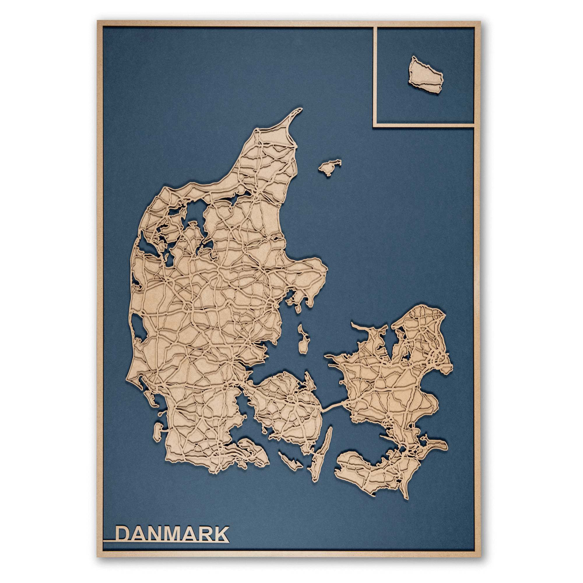 60 x 84 cm. Blå Danmarks kort