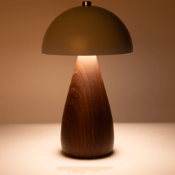 Pilzlampe, LED, Hellblau / Teak-Optik