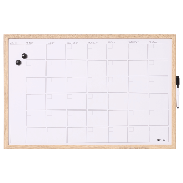 60 x 40 cm. Whiteboard Monatsplaner, Holzrahmen, Englisch